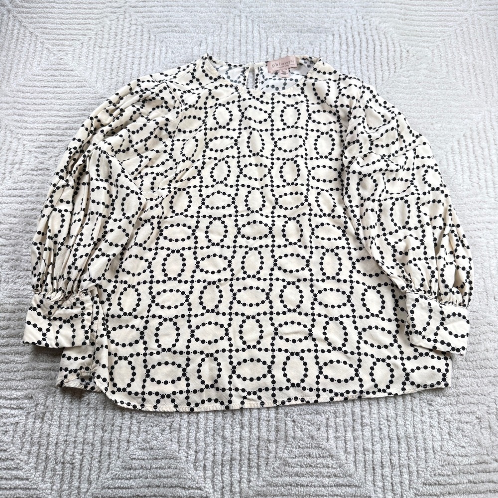 Philosophy Blouse Women's 1X Cream Black Dotted Chain Officecore Mod Career Work